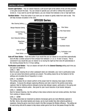 Page 6 6
CONTROLS CONTINUED
Auto-off Timer
Germ Reduction Setting
General Cleaning 
Setting Filter Reset ButtonFilter Status
Sleep/Quiet  Setting
Allergen Reduction Setting
Max Cleaning Setting
Purification Level Button
Oscillation Button
Accent Light 
Button
Power Button
Accent Light Button  – Your air cleaner features a soft accent light at the bottom of the unit that provides 
a nice glow around the base.  You can choose to operate your unit with or without this accent light  turned on.  If you want to use...