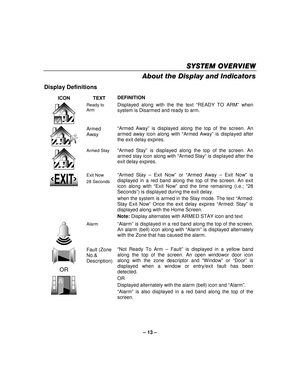 Page 13– 13  – 
SYSTEM OVERVIEW
SYSTEM OVERVIEW SYSTEM OVERVIEW
SYSTEM OVERVIEW 
    
About the Display and Indicators  
Display Definitions  
ICON TEXT  DEFINITION 
 
Ready to 
Arm Displayed along with the the text “
READY TO ARM” when 
system is Disarmed and ready to arm. 
 
 
Armed 
Away  “
Armed Away ” is displayed along the top of the screen. An 
armed away icon along with  “Armed Away ” is displayed after 
the exit delay expires.  
 
Armed Stay “ Armed Stay ” is displayed along the top of the screen. An...