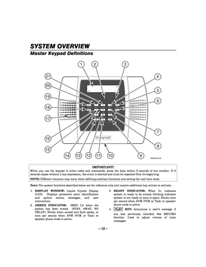 Page 12– 12 – 
SYSTEM OVERVIEW
SYSTEM OVERVIEWSYSTEM OVERVIEW SYSTEM OVERVIEW 
    
Master Keypad Definitions   
1000-300-013-V0
ARMED READY
BYPASS
NO DELAY RECORD
TEST
FUNCTION
STATUSVOLUME
PLAY
CODE LIGHTS ON
LIGHTS OFFCHIME ESCAPE
ADDDELETE
SELECT
132
4
5
6
9
12
0
OFF
AWAY
STAY
AUX
9
3
6
87
45
17
19
21
18
20
16
15
1011
13141412
7
8
 
 
 
IMPORTANT! 
When you use the keypad to enter codes and commands, press the keys within 2 seconds of one another. If 2 
seconds elapse without a key depression, the entry is...