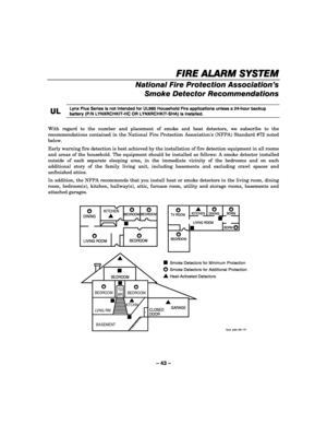 Page 43– 43 – 
FIRE ALARM SYSTEM
FIRE ALARM SYSTEMFIRE ALARM SYSTEM FIRE ALARM SYSTEM 
    
National Fire Protection Association’s 
Smoke Detector Recommendations 
 
UL
ULUL UL 
    Lynx Plus Series is not intended for UL985 Household Fire applications unless a 24-hour backup 
battery (P/N LYNXRCHKIT-HC OR LYNXRCHKIT-SHA) is installed. 
 
With regard to the number and placement of smoke and heat detectors, we subscribe to the 
recommendations contained in the National Fire Protection Associations (NFPA)...