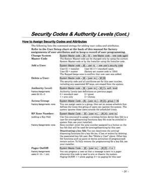 Page 31 
 
– 31 – 
Security Codes & Authority Levels 
Security Codes & Authority Levels  Security Codes & Authority Levels 
Security Codes & Authority Levels (Cont.)
(Cont.) (Cont.)
(Cont.) 
  
 
 
How to Assign 
How to Assign  How to Assign 
How to Assign Security 
Security Security 
Security Codes and Attributes
Codes and AttributesCodes and Attributes
Codes and Attributes 
  
 
The following lists the command strings for adding user codes and attributes.  
Refer to the User Setup chart at the back of this...