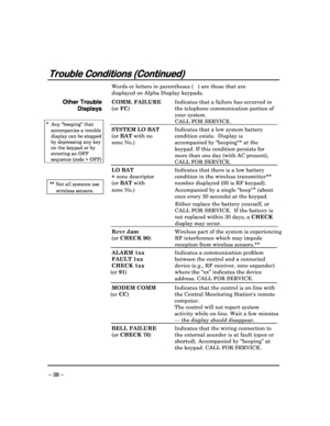 Page 38 
 
– 38 – 
Trouble Conditions (Continued)
Trouble Conditions (Continued) Trouble Conditions (Continued)
Trouble Conditions (Continued) 
  
 
 
Words or letters in parentheses (   ) are those tha
t are 
displayed on Alpha Display keypads. 
 
Other Trouble 
Displays 
  
* Any “beeping” that 
accompanies a trouble 
display can be stopped 
by depressing any key 
on the keypad or by 
entering an OFF 
sequence (code + OFF) 
      
 **    Not all systems use   
  wireless sensors. 
  COMM. FAILURE
  Indicates...