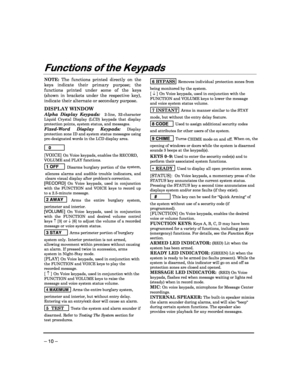 Page 10 
 
– 10 – 
Functions of the Keypads
Functions of the Keypads Functions of the Keypads
Functions of the Keypads
 NOTE:
  The  functions  printed  directly  on  the 
keys  indicate  their  primary  purpose;  the  
functions  printed  under  some  of  the  keys 
(shown  in  brackets  under  the  respective  key), 
indicate their alternate or secondary purpose. 
 
DISPLAY WINDOW  
Alpha  Display  Keypads:   2-line,  32-character 
Liquid  Crystal  Display  (LCD)  keypads  that  display  
protection points,...