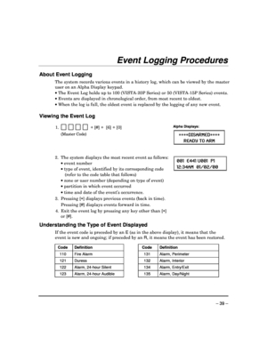Page 39 
 
– 39 – 
Event Logging Procedures 
 
About Event Logging 
The system records various events in a history log, which can be viewed by the master 
user on an Alpha Display keypad.     The Event Log holds up to 100 (VISTA-20P Series) o r 50 (VISTA-15P Series) events. 
  Events are displayed in chronological order, from  most recent to oldest. 
  When the log is full, the oldest event is replaced  by the logging of any new event. 
 
Viewing the Event Log 
 
1.                  + [#] +  [6] + [0]...