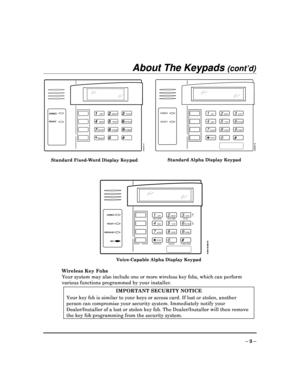 Page 9 
 
– 9 – 
About The Keypads (cont’d) 
 
1OFF
4MAX
7INSTANT
READY
2AWAY
5TEST
8CODE
03
STAY
6BYPASS
9CHIME
#
ARMED
READY
6150-00-001-V0 
 
Standard Fixed-Word Display Keypad 
 
1OFF
4MAX
7INSTANT
READY
2AWAY
5TEST
8CODE
0 3
STAY
6BYPASS
9CHIME
#
ARMED
READY
6160-00-001-V0 
 
Standard Alpha Display Keypad 
 
1OFF
4MAX
7INSTANT
READY
2AWAY
5TEST
8CODE
0 3
STAY
6BYPASS
9CHIME
#
ARMED
READY
6160V-00-006-V0
MESSAGE MIC RECORD
VOLUME PLAY
STATUS VOICEFUNCTION
  Voice-Capable Alpha Display Keypad  
 
Wireless...