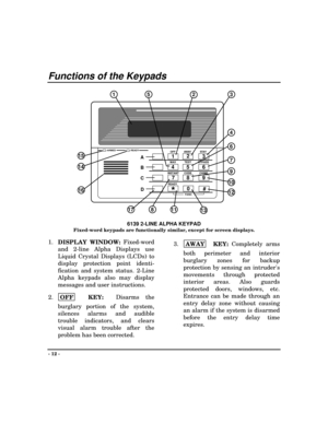 Page 12- 12 -
Functions of the Keypads
6139 2-LINE ALPHA KEYPAD
Fixed-word keypads are functionally similar, except for screen displays.
1.
DISPLAY WINDOW: Fixed-word
and 2-line Alpha Displays use
Liquid Crystal Displays (LCDs) to
display protection point identi-
fication and system status. 2-Line
Alpha keypads also may display
messages and user instructions.
2.
OFF
  
KEY:  Disarms the
burglary portion of the system,
silences alarms and audible
trouble indicators, and clears
visual alarm trouble after the...