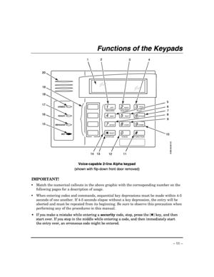 Page 11 
– 11 – 
Functions of the Keypads 
 
1OFF
4MAX
7INSTANT
READY
2AWAY
5TEST
8CODE
03
STAY
6BYPASS
9CHIME
#
ARMED
READY
6160V-00-007-V0
MESSAGE
MICRECORD
VOLUME
PLAY
STATUS
VOICE
FUNCTION
12111087
9
132
34
6 5 1
18
17
16
15
14
20
19
 
 
Voice-capable 2-line Alpha keypad 
(shown with flip-down front door removed) 
 
IMPORTANT!  
• Match the numerical callouts in the above graphic with the corresponding number on the 
following pages for a description of usage. 
 When entering codes and commands, sequential...