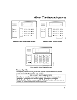 Page 9 
– 9 – 
About The Keypads (cont’d) 
 
1OFF
4MAX
7INSTANT
READY
2AWAY
5TEST
8CODE
03
STAY
6BYPASS
9CHIME
#
ARMED
READY
6150-00-001-V0 
 
Standard Fixed-Word Display Keypad 
 
1OFF
4MAX
7INSTANT
READY
2AWAY
5TEST
8CODE
03
STAY
6BYPASS
9CHIME
#
ARMED
READY
6160-00-001-V0 
 
Standard Alpha Display Keypad 
 
1OFF
4MAX
7INSTANT
READY
2AWAY
5TEST
8CODE
03
STAY
6BYPASS
9CHIME
#
ARMED
READY
6160V-00-006-V0
MESSAGE
MICRECORD
VOLUME
PLAY
STATUS
VOICE
FUNCTION
  Voice-Capable Alpha Display Keypad 
 
Wireless Key...