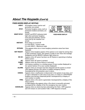 Page 10 
– 10 – 
About The Keypads (Cont’d) 
 
FIXED-WORD DISPLAY KEYPAD 
 AWAY:  All burglary zones, interior and 
perimeter, are armed. 
 STAY:  Perimeter burglary zones, such as 
protected windows and doors, are 
armed. 
NIGHT-STAY:  NIGHT and STAY indicators both 
light when perimeter burglary 
zones plus pre-selected  interior 
zones (set by the installer) are 
armed. 
 INSTANT:  Entry delay is turned off:  
    Lit with STAY = Instant mode  
Lit with AWAY = Maximum mode  
ALARM
FIRE
AWAY
BYPASS
STAYCHECK...