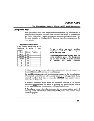 Page 37 
 
–37 – 
Panic Keys 
(For Manually Activating Silent And/Or Audible Alarms) 
Using Panic Keys 
Your system may have been programmed to use special key combinations to 
manually activate panic functions. The functions that might be programmed 
are Silent Emergency, Audible Emergency, Personal Emergency, and Fire. 
See your installer for the function(s) that may have been programmed for 
your system. 
 
Active Panic Functions 
(Your installer should note which 
function(s) is active in your 
system.)...