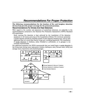 Page 53 
 
– 53 – 
Recommendations For Proper Protection 
The following recommendations for the location of fire and burglary detection 
devices help provide proper coverage for the protected premises. 
Recommendations For Smoke And Heat Detectors 
With regard to the number and placement of smoke/heat detectors, we subscribe to the 
recommendations contained in the National Fire Protection Association’s (NFPA) Standard 
#72 noted below. 
Early warning fire detection is best achieved by the installation of fire...
