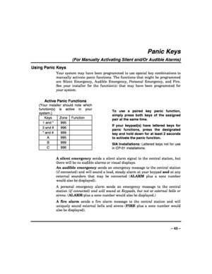 Page 43 
 
– 43 – 
Panic Keys 
(For Manually Activating Silent and/Or Audible Alarms) 
Using Panic Keys 
Your system may have been programmed to use special key combinations to 
manually activate panic functions. The functions that might be programmed 
are Silent Emergency, Audible Emergency, Personal Emergency, and Fire. 
See your installer for the function(s) that may have been programmed for 
your system. 
 
Active Panic Functions 
(Your installer should note which 
function(s) is active in your 
system.)...