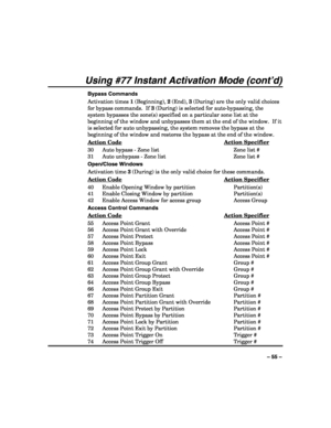 Page 55 
 
– 55 – 
Using #77 Instant Activation Mode (cont’d) 
Bypass Commands 
Activation times 1 (Beginning), 2 (End), 3 (During) are the only valid choices 
for bypass commands.  If 3 (During) is selected for auto-bypassing, the 
system bypasses the zone(s) specified on a particular zone list at the 
beginning of the window and unbypasses them at the end of the window.  If it 
is selected for auto unbypassing, the system removes the bypass at the 
beginning of the window and restores the bypass at the end of...