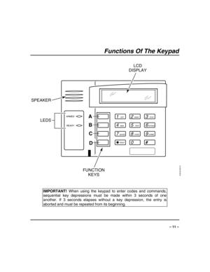 Page 11 
 
– 11 – 
Functions Of The Keypad
 
1OFF
4MAX
7INSTANT
READY
2AWAY
5TEST
8CODE
03
STAY
6BYPASS
#
ARMED
READY
6160-00-002-V1
9CHIME
A
B
C
D
SPEAKERLCD
DISPLAY
FUNCTION
KEYS LEDS
 
 
 
IMPORTANT! When using the keypad to enter codes and commands, 
sequential key depressions must be made within 3 seconds of one 
another. If 3 seconds elapses without a key depression, the entry is 
aborted and must be repeated from its beginning.  