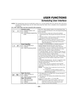 Page 29– 29 – 




 NOTE:  The keypad beeps twice for invalid data entries (e.g.: an hour greater than 12), and the entry will not be 
accepted. The keypad beeps once for valid entries and four times when a schedule event is programmed 
successfully. 
[x] = the value that was last stored in the memory.  


6FKHGXOH QXPEHU
>[@  VFKHGXOH QXPEHU  WR 
>
@  FRQWLQXH
>@  H[LW VFKHGXOH SURJUDPPLQJ
PRGH

Enter the 1-digit schedule number to be programmed, then 
press [*]...