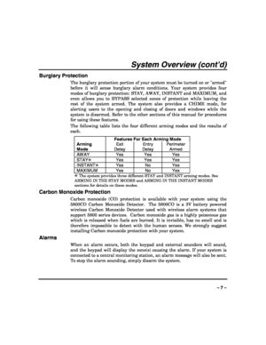 Page 7 
 
– 7 – 
System Overview (cont’d) 
Burglary Protection 
The burglary protection portion of your system must be turned on or armed 
before it will sense burglary alarm conditions. Your system provides four 
modes of burglary protection: STAY, AWAY, INSTANT and MAXIMUM, and 
even allows you to BYPASS selected zones of protection while leaving the 
rest of the system armed. The system also provides a CHIME mode, for 
alerting users to the opening and closing of doors and windows while the 
system is...