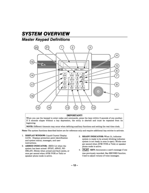 Page 12– 12 – 
SYSTEM OVERVIEW
SYSTEM OVERVIEWSYSTEM OVERVIEW SYSTEM OVERVIEW 
    
Master Keypad Definitions   
12
456
789
0
#
*
RECORD VOLUME PLAYARMEDREADY
ESCAPE
DELETEADD
SELECTOFF
AWAY
STAY
AUX
LIGHTS ON TEST BYPASS
LIGHTS OFF CODE CHIME
132
3
4
5
6
7
8
9
FUNCTION
101112
NO DELAY STATUS
15
16
17
19
18
2120
01009-022-V11314 
 
 
IMPORTANT! 
When you use the keypad to enter codes and commands, press the keys within 2 seconds of one another. 
If 2 seconds elapse without a key depression, the entry is aborted...