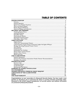 Page 3– 3 –   
 
TABLE OF CONTENTS
TABLE OF CONTENTSTABLE OF CONTENTS TABLE OF CONTENTS 
     
SYSTEM OVERVIEW................................................................................................................................5 
 Features ................................................................................................................................................. 5 
 General Operation...