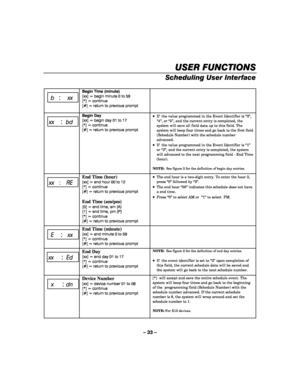 Page 33– 33 – 
USER FUNCTIONS
USER FUNCTIONSUSER FUNCTIONS USER FUNCTIONS 
    
Scheduling User Interface 
  
 b :   xx 
Begin Time (minute) 
[xx] = begin minute 0 to 59 
[*] = continue 
[#] = return to previous prompt 
  
 
xx    :  bd 
Begin Day 
[xx] = begin day 01 to 17 
[*] = continue 
[#] = return to previous prompt 
 
 •  If  the value programmed in the Event Identifier is “3”, 
“4”, or “5”, and the current entry is completed, the 
system will save all field data up to this field. The 
system will beep...