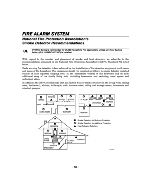 Page 42– 42 – 
FIRE ALARM SYSTEM
FIRE ALARM SYSTEMFIRE ALARM SYSTEM FIRE ALARM SYSTEM 
    
National Fire Protection Association’s 
Smoke Detector Recommendations 
 
UL
ULUL UL 
    LYNXR-2 Series is not intended for UL985 Household Fire applications unless a 24-hour backup 
battery (P/N LYNXRCHKIT-HC) is installed. 
 
With regard to the number and placement of smoke and heat detectors, we subscribe to the 
recommendations contained in the National Fire Protection Associations (NFPA) Standard #72 noted 
below....
