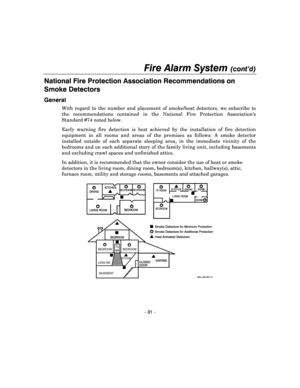 Page 31Fire Alarm System (cont’d) 
 
– 31 – 
National Fire Protection Association Recommendations on 
Smoke Detectors 
General   
With  regard  to  the  number  and  placement  of  smoke/he at  detectors,  we  subscribe  to 
the  recommendations  contained  in  the  National  Fire  Protection  Associations 
Standard #74 noted below.  
Early  warning  fire  detection  is  best  achieved  by  th e  installation  of  fire  detection 
equipment  in  all  rooms  and  areas  of  the  premises  as   follows:  A  smoke...