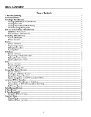 Page 2Home Automation  
- 2 - 
 
Table of Contents 
Z-Wave Programming ................................................................................................................................................... 3 
General Information ...................................................................................................................................................... 3 
Including Z-Wave Devices...