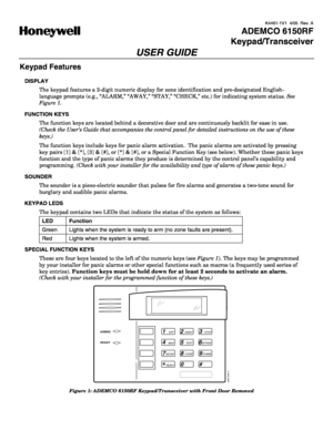 Page 1K4461-1V1  4/05  Rev. A 
 
 ADEMCO 6150RF 
Keypad/Transceiver 
USER GUIDE 
Keypad Features 
DISPLAY 
The keypad features a 2-digit numeric display for zone identification and pre-designated English-
language prompts (e.g., “ALARM,” “AWAY,” “STAY,” “CHECK,” etc.) for indicating system status. See 
Figure 1. 
FUNCTION KEYS 
The function keys are located behind a decorative door and are continuously backlit for ease in use. 
(Check the User’s Guide that accompanies the control panel for detailed...