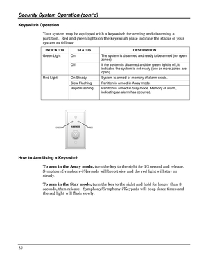 Page 18Security System Operation (contd) 
18 
 
Keyswitch Operation 
Your system may be equipped with a keyswitch for arming and disarming a 
partition.  Red and green lights on the keyswitch plate indicate the status of your 
system as follows: 
INDICATOR STATUS  DESCRIPTION 
On  The system is disarmed and ready to be armed (no open 
zones). Green Light 
Off  If the system is disarmed and the green light is off, it 
indicates the system is not ready (one or more zones are 
open). 
On Steady  System is armed or...