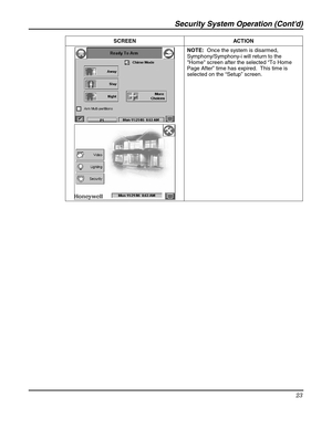 Page 23Security System Operation (Contd) 
23 
 SCREEN ACTION  
 
 NOTE:  Once the system is disarmed, 
Symphony/Symphony-i will return to the 
Home screen after the selected “To Home 
Page After” time has expired.  This time is 
selected on the “Setup” screen. 
 
  