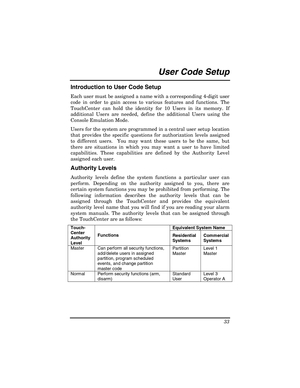 Page 33 
33 
User Code Setup  
Introduction to User Code Setup 
Each user must be assigned a name with a corresponding 4-digit user 
code in order to gain access to various features and functions. The 
TouchCenter can hold the identity for 10 Users in its memory. If 
additional Users are needed, define the additional Users using the 
Console Emulation Mode. 
Users for the system are programmed in a central user setup location 
that provides the specific questions for authorization levels assigned 
to different...