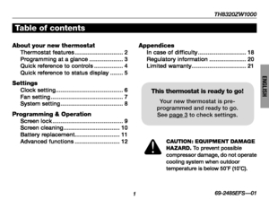 Page 3169-2485EFS—01
ENGLISH
About your new thermostatThermostat features ..............................2Programming at a glance .....................3Quick reference to controls ..................4Quick reference to status display ........5
SettingsClock setting..........................................6Fan setting .............................................7System setting .......................................8
Programming & OperationScreen lock  ............................................9Screen...