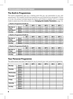 Page 6


PROGRAMMING YOUR ST9500C
The Built-in Programmes
The  built-in  programmes  give  you  a  starting  point  that  you  can  personalise  to  your  own requirements. Your Installer should have selected one and ticked the box alongside it. If there is  no  tick,  the  product  normally  leaves  the  factory  with  Profile  A  installed,  but  it  is  a  simple matter to select one of the other profiles (see Changing the Installer Parameters, page 12).
 Built-in Programme (Profile A)ON 1OFF 1ON 2OFF...