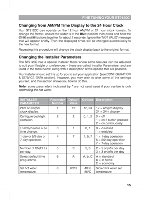 Page 1515
FINE TUNING YOUR  ST9120C
Changing from AM/PM Time Display to the 24 Hour Clock
Your ST9120C can operate on the 12 hour AM/PM or 24 hour clock formats. To 
change the format, ensure the slider is in the RUN position then press and hold the 
  and  buttons together for about 2 seconds. Ignore the ‘NOT VALID’ message 
that will appear briefly. Then the displayed times will be changed automatically to 
the new format.
Repeating this procedure will change the clock display back to the original format....