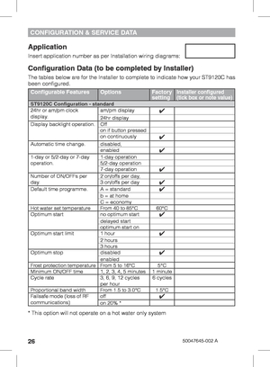 Page 262650047645-002 A
CONFIGURATION & SERVICE DATA
Configuration Data (to be completed by Installer)
The tables below are for the Installer to complete to indicate how your ST9120C has 
been configured.
Application
Insert application number as per Installation wiring diagrams:
Configurable FeaturesOptionsFactory 
settingInstaller configured 
(tick box or note value)
ST9120C Configuration - standard
24hr or am/pm clock 
display. am/pm display
24hr display
Display backlight operation. Off
on if button pressed...
