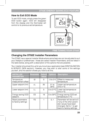 Page 2323
DT92E ENERGY SAVING ECO FEATURE
FINE TUNING YOUR  DT92E
Changing the DT92E Installer Parameters
The DT92E has a special Installer Mode where some features can be adjusted to suit 
your lifestyle or preferences – these are called Installer Parameters, and are listed in 
the table below, along with a description of the options that are possible.
Your installer should set this up for you to suit your application (see \
CONFIGURATION 
& SERVICE DATA section). However, you may wish to alter some of the...