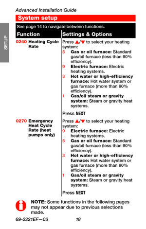 Page 20Advanced Installation Guide
69-2221EF—03 18
About your new thermostat
SETUP
WIRING
ASSISTANCE
TROUBLESHOOTING
See page 14 to navigate between functions.
FunctionSettings & Options
0240Heating Cycle RatePress s/t to select your heating system:5 Gas or oil furnace: Standard gas/oil furnace (less than 90% efficiency).9 Electric furnace: Electric heating systems.3 Hot water or high-efficiency furnace: Hot water system or gas furnace (more than 90% efficiency).1 Gas/oil steam or gravity system: Steam or...