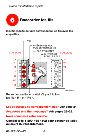 Page 3869-2221EF—03 6
Guide d’installation rapide
Il suffit ensuite de faire correspondre les fils avec les étiquettes.
Retirer le cavalier en métal s’il y a à la fois les fils « R » et « Rc ».
MFCR28845
W2
Y2
C
G Y
W
RC R
FILS ÉTIQUETÉ S
VIS
CLASSIQUE
INSÉRER LES FILS,
PUIS SERRER LES VIS OUVERTURE
POUR LES FILS
Y
G
R
W
CLASSIQUE
6Raccorder les fils
Les étiquettes ne correspondent pas? Voir page 21.
Avez-vous une thermopompe? Voir pages 22–23.
Nous sommes à votre service.
Composer le 1-800-468-1502 pour...