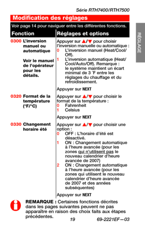 Page 51Série RTH7400/RTH7500
 19 69-2221EF—03
RÉGLAGE
WIRING
ASSISTANCE
TROUBLESHOOTING
Modification des réglages
Voir page 14 pour naviguer entre les différentes fonctions.
FonctionRéglages et options
0300L’inversion manuel ou automatique  Voir le manuel de l’opérateur pour les détails.
Appuyer sur s/t pour choisir l’inversion manuelle ou automatique  :0 L’inversion manuel (Heat/Cool/Off).1 L’inversion automatique (Heat/Cool/Auto/Off). Remarque : le système maintient un écart minimal de 3 ˚F entre les réglages...