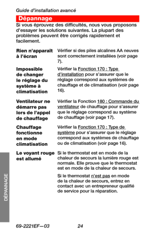 Page 56Guide d’installation avancé
69-2221EF—03 24
Dépannage
SETUP
WIRING
ASSISTANCE
DÉPANNAGE
Si vous éprouvez des difficultés, nous vous proposons d’essayer les solutions suivantes. La plupart des problèmes peuvent être corrigés rapidement et facilement.
Rien n’apparaît  à l’écranVérifier si des piles alcalines AA neuves sont correctement installées (voir page 7).
Impossible de changer le réglage du système à climatisation
Vérifier la Fonction 170 : Type d’installation pour s’assurer que le réglage correspond...