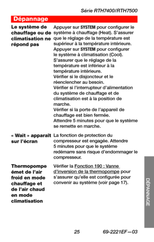 Page 57Série RTH7400/RTH7500
 25 69-2221EF—03
Dépannage
SETUP
WIRING
ASSISTANCE
DÉPANNAGE
Le système de chauffage ou de climatisation ne répond pas
Appuyer sur SYSTEM pour configurer le système à chauffage (Heat). S’assurer que le réglage de la température est supérieur à la température intérieure.Appuyer sur SYSTEM pour configurer le système à climatisation (Cool). S’assurer que le réglage de la température est inférieur à la température intérieure.Vérifier si le disjoncteur et le réenclencher au...