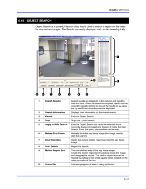 Page 103SEARCH OPTIONS 
6–15 
 
6.15   OBJECT SEARCH 
  Object Search is a powerful Search utility that is used to search a region on the video 
for any motion changes. The Results are neatly displayed and can be viewed quickly. 
  
  1 Search Results 
Search results are displayed in this column and listed by 
date and time. When the search is complete, results can be 
viewed by double-clicking on one of the results or by using 
the Up and Down arrow keys on the keyboard. 
 2 Search Information 
Displays brief...