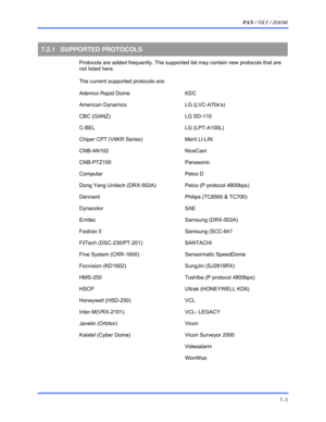 Page 111PAN / TILT / ZOOM 
7–3 
 
7.2.1 SUPPORTED PROTOCOLS 
  Protocols are added frequently. The supported list may contain new protocols that are 
not listed here. 
  The current supported protocols are: 
 
Ademco Rapid Dome  KDC 
 
American Dynamics  LG (LVC-A70xs) 
 
CBC (GANZ)  LG SD-110 
 
C-BEL LG (LPT-A100L) 
 
Chiper CPT (V9KR Series)  Merit LI-LIN 
 
CNB-AN102 NiceCam 
 
CNB-PTZ100 Panasonic 
 
Computar Pelco D 
 
Dong Yang Unitech (DRX-502A)  Pelco (P protocol 4800bps) 
 
Dennard Philips (TC8560 &...