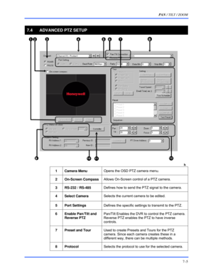 Page 113PAN / TILT / ZOOM 
7–5 
 
7.4  ADVANCED PTZ SETUP 
h 
 
1 Camera Menu Opens the OSD PTZ camera menu.  
 
2 On-Screen Compass Allows On-Screen control of a PTZ camera.  
 
3  RS-232 / RS-485 Defines how to send the PTZ signal to the camera. 
 
4 Select Camera Selects the current camera to be edited. 
 
5 Port Settings Defines the specific settings to transmit to the PTZ.  
 
6  Enable Pan/Tilt and 
Reverse PTZ Pan/Tilt Enables the DVR to control the PTZ camera. 
Reverse PTZ enables the PTZ to have inverse...