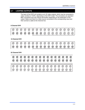 Page 31GETTING STARTED 
3–5 
 
3.7 LOOPING OUTPUTS 
  The back of the DVR unit contains up to 32 video outputs, which may be connected to 
video monitors or VCR’s, depending on the DVR model. The connectors are standard 
BNC connectors and may require termination depending on the destination of the 
output. Make sure there is a video source connected to the corresponding input and 
then connect a cable to the Channel Out. 
  
8 Channel DVR 
 
 
16 Channel DVR 
 
 
32 Channel DVR 
 
 
  