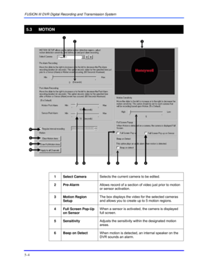 Page 48FUSION III DVR Digital Recording and Transmission System 
5–4 
 
5.3 MOTION 
 
 
1 Select Camera Selects the current camera to be edited. 
 
2 Pre-Alarm Allows record of a section of video just prior to motion 
or sensor activation. 
 
3 Motion Region 
Setup The box displays the video for the selected cameras 
and allows you to create up to 5 motion regions. 
 
 4  Full Screen Pop-Up 
on Sensor When a sensor is activated, the camera is displayed 
full screen.  
 
5 Sensitivity Adjusts the sensitivity...