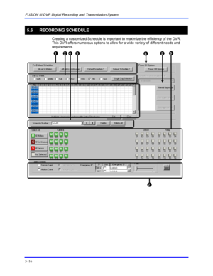 Page 60FUSION III DVR Digital Recording and Transmission System 
5–16 
 
5.6 RECORDING SCHEDULE 
  Creating a customized Schedule is important to maximize the efficiency of the DVR. 
This DVR offers numerous options to allow for a wide variety of different needs and 
requirements. 
 
 
    5 
   7 
4   3     2    1    8   6 