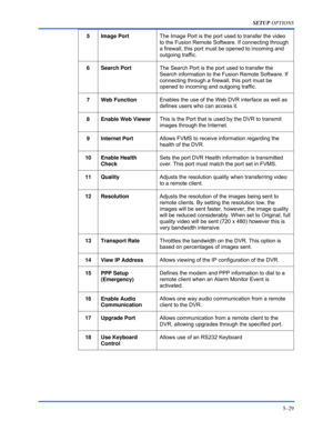 Page 73SETUP OPTIONS 
5–29 
 
5 Image Port The Image Port is the port used to transfer the video 
to the Fusion Remote Software. If connecting through 
a firewall, this port must be opened to incoming and 
outgoing traffic.  
 
6 Search Port The Search Port is the port used to transfer the 
Search information to the Fusion Remote Software. If 
connecting through a firewall, this port must be 
opened to incoming and outgoing traffic. 
 
7 Web Function Enables the use of the Web DVR interface as well as 
defines...