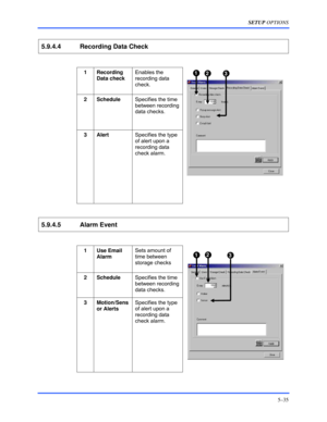 Page 79SETUP OPTIONS 
5–35 
 
5.9.4.4  Recording Data Check 
  
1 Recording 
Data check Enables the 
recording data 
check. 
2 Schedule Specifies the time 
between recording 
data checks. 
 
3 Alert Specifies the type 
of alert upon a 
recording data 
check alarm. 
 
5.9.4.5 Alarm Event 
  
1 Use Email 
Alarm Sets amount of 
time between 
storage checks 
2 Schedule Specifies the time 
between recording 
data checks. 
 
3 Motion/Sens
or Alerts Specifies the type 
of alert upon a 
recording data 
check alarm. 
 1...