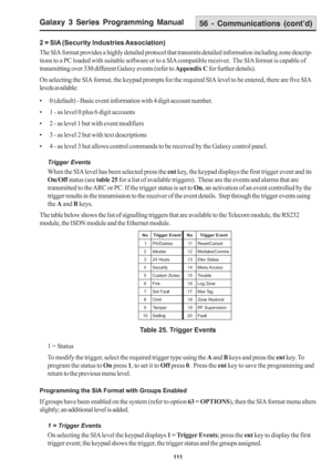 Page 117Galaxy 3 Series Programming Manual
111
56 - Communications (cont’d)
2 = SIA (Security Industries Association)
The SIA format provides a highly detailed protocol that transmits detailed information including zone descrip-
tions to a PC loaded with suitable software or to a SIA compatible receiver.  The SIA format is capable of
transmitting over 330 different Galaxy events (refer to Appendix C for further details).
On selecting the SIA format, the keypad prompts for the required SIA level to be entered,...