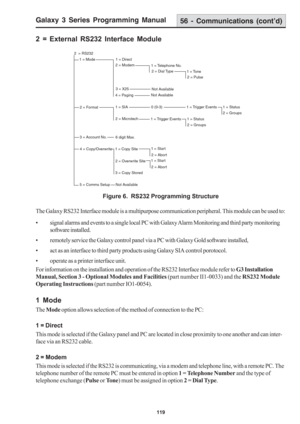 Page 125Galaxy 3 Series Programming Manual
119
2 = External RS232 Interface Module56 - Communications (cont’d)
The Galaxy RS232 Interface module is a multipurpose communication peripheral. This module can be used to:
• signal alarms and events to a single local PC with Galaxy Alarm Monitoring and third party monitoring
software installed.
• remotely service the Galaxy control panel via a PC with Galaxy Gold software installed,
• act as an interface to third party products using Galaxy SIA control porotocol.
•...